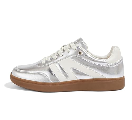 LUCKY STEP Damen Klassische Retro Sneaker mit Gummisohle - Modische Leder-Freizeitschuhe für Tennis und Skateboarden, rutschfeste Turnschuhe (Silber, 8US-38EU-5UK) von LUCKY STEP