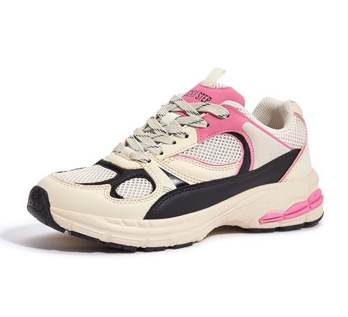 LUCKY STEP Damen Laufschuhe – Atmungsaktive Plateau Chunky Sneaker, Bequeme und Leichte Freizeitschuhe für Alltag & Sport (Beige/Rosa, 6US-36EU-3UK) von LUCKY STEP