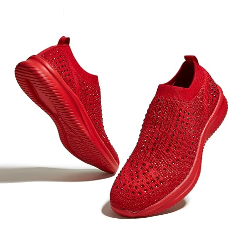 LUCKY STEP Damen-Laufschuhe mit Strass-Mesh zum Hineinschlüpfen, Modisch, Atmungsaktiv, Funkelnde Glitzer-Sneaker (Rot, 10US-41EU-8UK) von LUCKY STEP