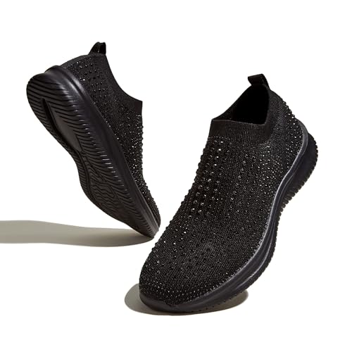LUCKY STEP Damen-Laufschuhe mit Strass-Mesh zum Hineinschlüpfen, Modisch, Atmungsaktiv, Funkelnde Glitzer-Sneaker (Schwarz, 8US-38EU-5UK) von LUCKY STEP