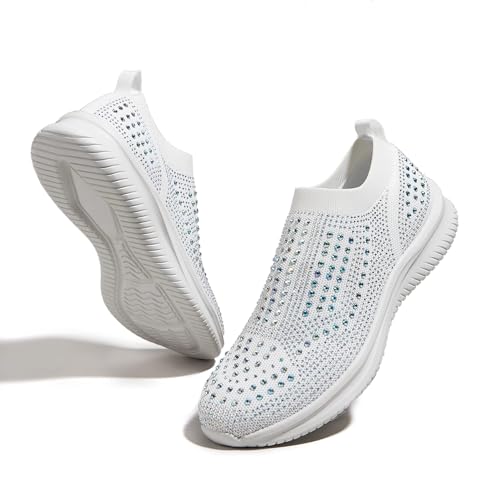 LUCKY STEP Damen-Laufschuhe mit Strass-Mesh zum Hineinschlüpfen, Modisch, Atmungsaktiv, Funkelnde Glitzer-Sneaker (Weiß, 7US-37EU-4UK) von LUCKY STEP