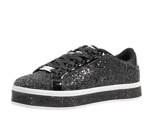 LUCKY STEP Damen-Plateau-Glitzer-Sneaker | Funkelnde Bling Shiny Dressy Bedazzled Hochzeits-Walking Schuhe (Schwarz, 8.5US-39EU-6UK) von LUCKY STEP