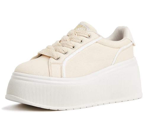 LUCKY STEP Damen Plateau Sneaker | Klassische Keilabsatz Leinwand Freizeit Flache Retro Laufschuhe (Beige, 5US-35EU-2UK) von LUCKY STEP
