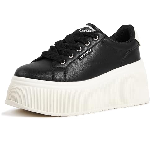 LUCKY STEP Damen Plateau Sneaker | Klassische Keilabsatz Leinwand Freizeit Flache Retro Laufschuhe (Schwarz, 6US-36EU-3UK) von LUCKY STEP