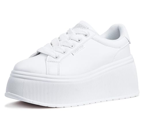 LUCKY STEP Damen Plateau Sneaker | Klassische Keilabsatz Leinwand Freizeit Flache Retro Laufschuhe (Weiß, 6US-36EU-3UK) von LUCKY STEP