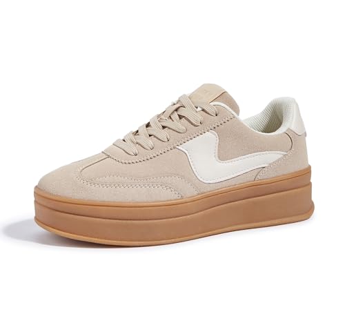 LUCKY STEP Damen Plateau Sneaker – Modische Chunky Turnschuhe, Bequeme Schnürschuhe für Alltag & Spaziergänge mit Nahtdetails (Beige, 10US-41EU-8UK) von LUCKY STEP