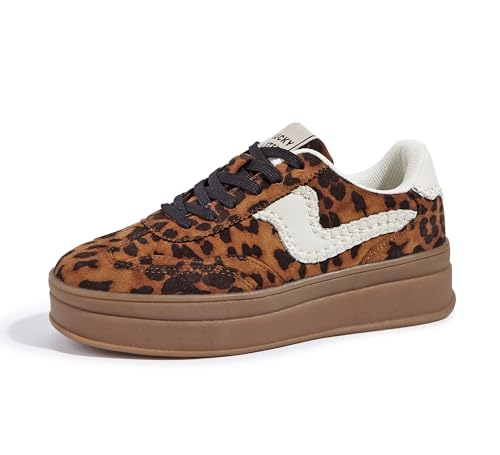LUCKY STEP Damen Plateau Sneaker – Modische Chunky Turnschuhe, Bequeme Schnürschuhe für Alltag & Spaziergänge mit Nahtdetails (Brown/Leopard, 6US-36EU-3UK) von LUCKY STEP