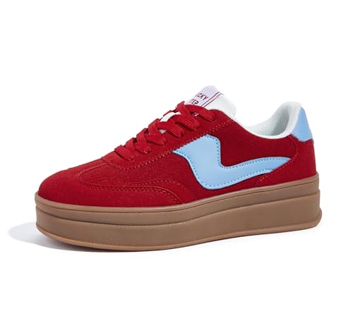 LUCKY STEP Damen Plateau Sneaker – Modische Chunky Turnschuhe, Bequeme Schnürschuhe für Alltag & Spaziergänge mit Nahtdetails (Rot/Blau, 6US-36EU-3UK) von LUCKY STEP