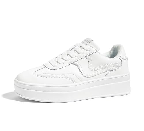 LUCKY STEP Damen Plateau Sneaker – Modische Chunky Turnschuhe, Bequeme Schnürschuhe für Alltag & Spaziergänge mit Nahtdetails (Weiß, 8.5US-39EU-6UK) von LUCKY STEP