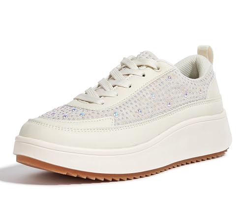 LUCKY STEP Damen-Plateau-Sneaker mit Strasssteinen, Modisch Klobig Lässig Funkelnd Retro-geflochtene Walking Schuhe (Beige Perle, 8US-38EU-5UK) von LUCKY STEP