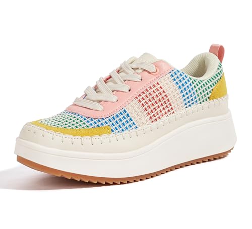 LUCKY STEP Damen-Plateau-Sneaker mit Strasssteinen, Modisch Klobig Lässig Funkelnd Retro-geflochtene Walking Schuhe (Rosa/gelber Multistrick, 10US-41EU-8UK) von LUCKY STEP