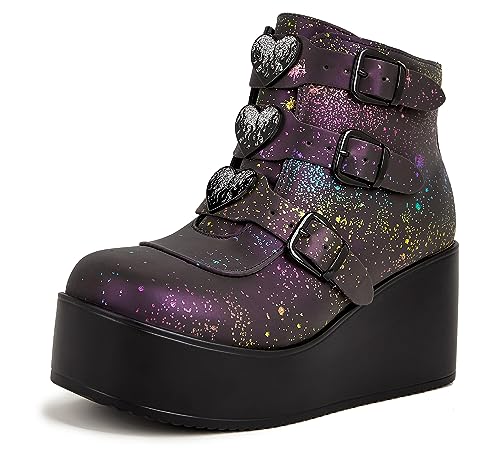 LUCKY STEP Damen-Plateau-Stiefeletten mit klobiger Sohle – Runde Zehenpartie Reißverschluss Keilabsatz Rave-Schnalle Dicke Sohle Goth-Stiefel (Marineblau Reflektiert, 11US-42EU-9UK) von LUCKY STEP