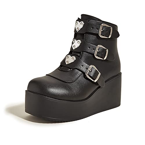 LUCKY STEP Damen-Plateau-Stiefeletten mit klobiger Sohle – Runde Zehenpartie Reißverschluss Keilabsatz Rave-Schnalle Dicke Sohle Goth-Stiefel (Schwarz, 9US-40EU-7UK) von LUCKY STEP