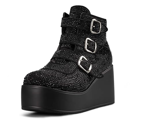 LUCKY STEP Damen-Plateau-Stiefeletten mit klobiger Sohle – Runde Zehenpartie Reißverschluss Keilabsatz Rave-Schnalle Dicke Sohle Goth-Stiefel (Schwarz Strass, 11US-42EU-9UK) von LUCKY STEP