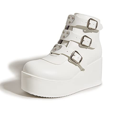 LUCKY STEP Damen-Plateau-Stiefeletten mit klobiger Sohle – Runde Zehenpartie Reißverschluss Keilabsatz Rave-Schnalle Dicke Sohle Goth-Stiefel (Weiß, 7US-38EU-5UK) von LUCKY STEP
