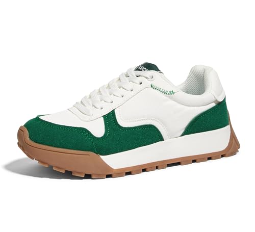 LUCKY STEP Damen Retro-Design Sneaker mit Plattformsohle Atmungsaktive Canvas-Schuhe mit Schnürung für Stadt & Freizeit (Weiß/Grün, 9US-40EU-7UK) von LUCKY STEP