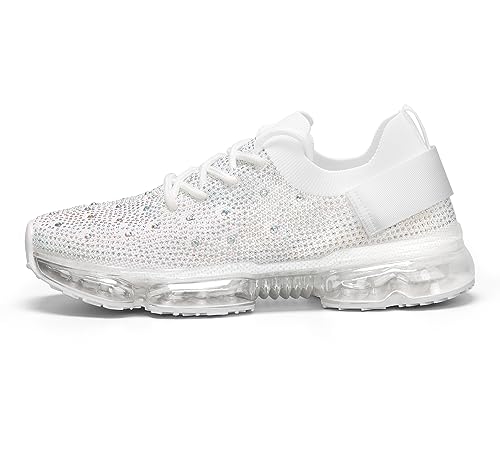 LUCKY STEP Frauen Luftpolster Mode Turnschuhe Atmungsaktive Lässige Bequeme Leichte Wanderschuhe, Weiße Strasssteine, 38 EU von LUCKY STEP