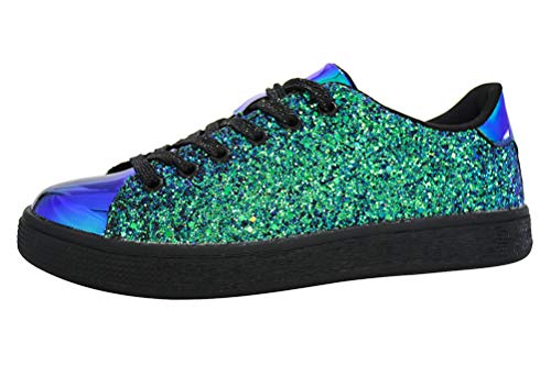 LUCKY STEP Glitzer-Sneaker zum Schnüren, modische Sneaker, glitzernde Schuhe für Damen, Grünes Hologramm, 40.5 EU von LUCKY STEP