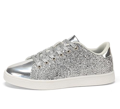 LUCKY STEP Glitzer-Sneakers zum Schnüren | modische Sneaker | glitzernde Schuhe für Damen, silber, 38 EU von LUCKY STEP