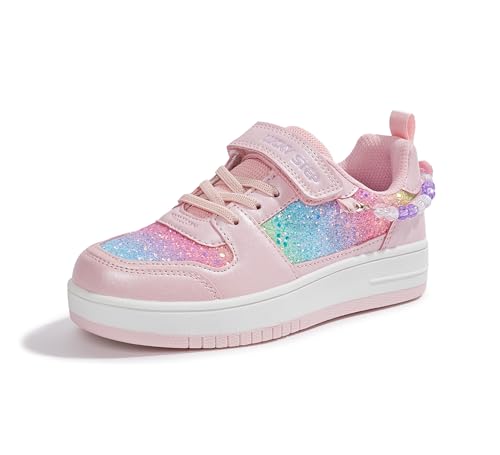 LUCKY STEP Mädchen Glitzer Sneaker mit Klettverschluss Atmungsaktive Sport-/Schulschuhe mit Glitzerperlen (Für Kinder/Mädchen) (Rosa/Regenbogen, 2US-33EU-1UK) von LUCKY STEP
