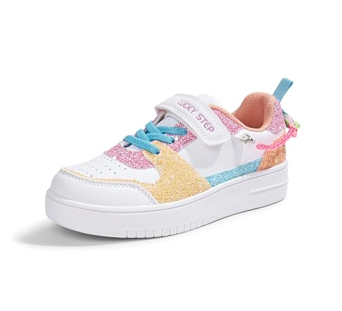 LUCKY STEP Mädchen Glitzer Sneaker mit Klettverschluss Atmungsaktive Sport-/Schulschuhe mit Glitzerperlen (Für Kinder/Mädchen) (Weiß/Gelb, 10US-28EU-9UK) von LUCKY STEP