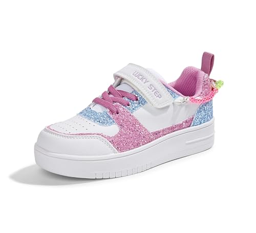 LUCKY STEP Mädchen Glitzer Sneaker mit Klettverschluss Atmungsaktive Sport-/Schulschuhe mit Glitzerperlen (Für Kinder/Mädchen) (Weiß/Lila, 3US-34EU-2UK) von LUCKY STEP