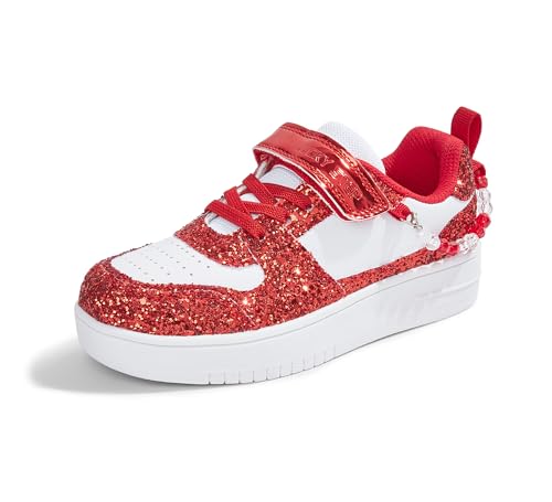 LUCKY STEP Mädchen Glitzer Sneaker mit Klettverschluss Atmungsaktive Sport-/Schulschuhe mit Glitzerperlen (Für Kinder/Mädchen) (Weiß/Rot, 12US-30EU-11UK) von LUCKY STEP