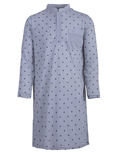LUCKY Herren Nachthemd Langarm Druck mit Brusttasche Schlafshirt Stehkragen, Farbe:Grau, Größe:M von Lucky