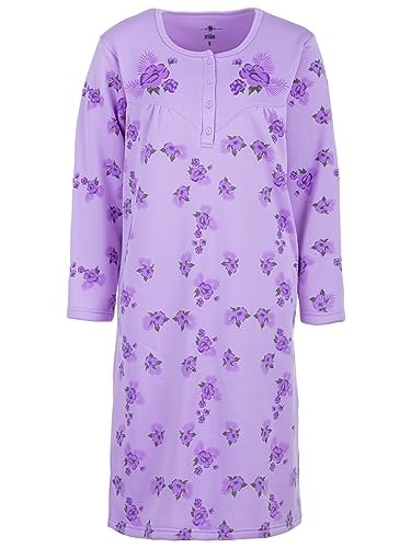Nachthemd Damen Thermo Langarm Blumen Winter Knöpfe Größe M L XL XXL, Größe:L, Farbe:Flieder von Lucky