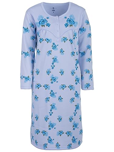 Lucky Thermo Nachthemd Damen Langarm Rosen Design Knopfleiste M-2XL Baumwollmix, Farbe:hellblau, Größe:XXL von Lucky