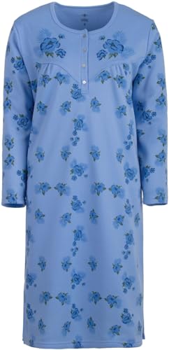 Lucky Thermo Nachthemd Damen Langarm Rosen Design Knopfleiste M-2XL Baumwollmix, Farbe:blau, Größe:XXL von Lucky