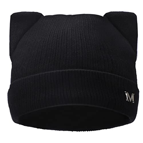 LUCKYBUNNY Katzenohren-Beanie für Frauen Mädchen, Herbst Winter Strickmanschette Beanie Hip Hop Beanie Mütze Katze Häkeln Skimütze, Schwarz, Einheitsgröße von LUCKYBUNNY