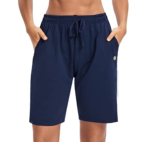 LUCKYCATCUS Damen Bermuda Shorts Jersey Shorts mit Taschen Yoga Walking Athletic Lange Shorts für Frauen Knielang, Marineblau, XX-Large von LUCKYCATCUS