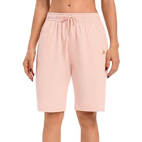 LUCKYCATCUS Damen Bermuda Shorts Jersey Shorts mit Taschen Yoga Walking Athletic Lange Shorts für Frauen Knielang, Pink, Mittel von LUCKYCATCUS