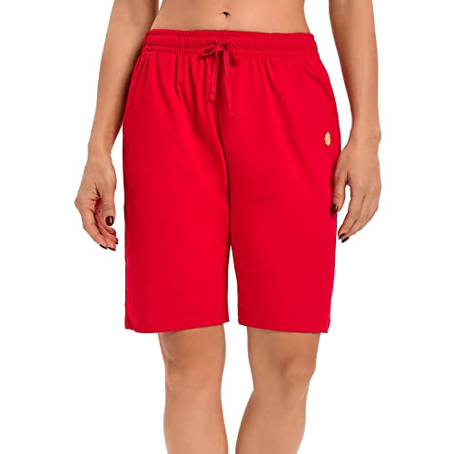 LUCKYCATCUS Damen Bermuda Shorts Jersey Shorts mit Taschen Yoga Walking Athletic Lange Shorts für Frauen Knielang, Rot/Ausflug, einfarbig (Getaway Solids), Groß von LUCKYCATCUS