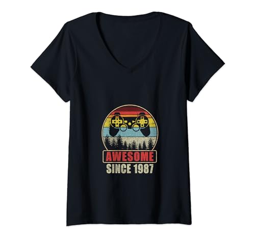 Damen 37. Geburtstag Gamer Boy Herren Vintage Awesome seit 1987 T-Shirt mit V-Ausschnitt von LUCKYSTAR EXPRESS