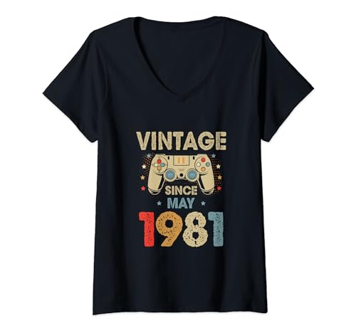 Damen 43. Geburtstag Junge Männer Lustig Gamer Vintage Mai 1981 Bday T-Shirt mit V-Ausschnitt von LUCKYSTAR EXPRESS