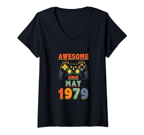Damen Vintage Awesome Gamer seit Mai 1979 zum 45. Geburtstag T-Shirt mit V-Ausschnitt von LUCKYSTAR EXPRESS