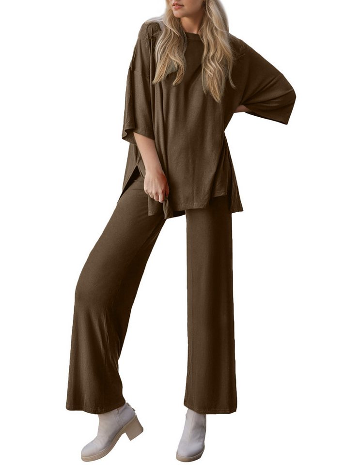 LUCKZON Pyjama Zweiteiler für Damen vorder quadratisch Tasche Lässig Hautfreundlich (Set, Pyjamas und Pyjamahosen) kurzärmelig weites Bein trendig Hose Geeignet für Frühling u. Herbst von LUCKZON