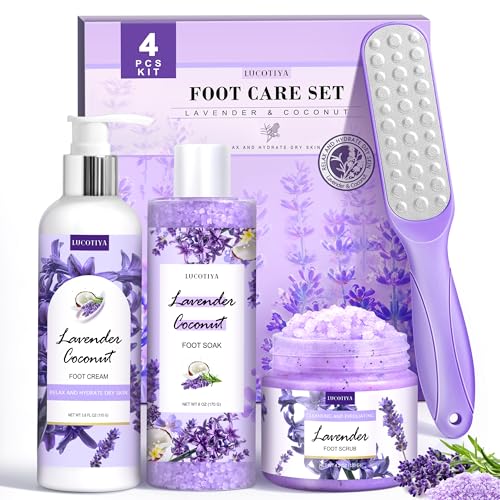 Foot Soak Set Füße Hornhautentferner Pediküre Set – Lavendel Fußtränkesalz, Fußfeile, Fußpeeling & Harnstoff-Fußcreme, Pediküre-Zubehör für trockene, rissige Füße, Fuß-Spa-Set für Frauen von LUCOTIYA