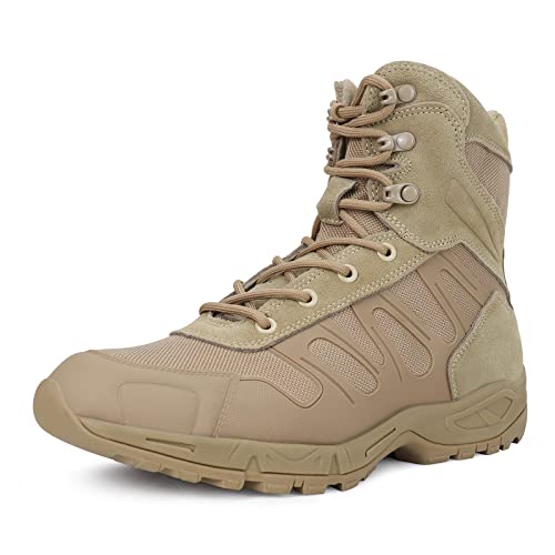 LUDEY Herren Militär Einsatzstiefel Tactical Wanderstiefel Sicherheit leicht Leder Jungle Stiefel Sand, 43EU von LUDEY