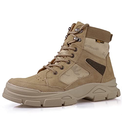 LUDEY Militär Stiefel Herren Einsatzstiefel Leicht Kampfstiefel Atmungsaktiv Wanderschuhe Trekkingschuhe Armeestiefel Wildleder Arbeitsschuhe Beige-41EU von LUDEY