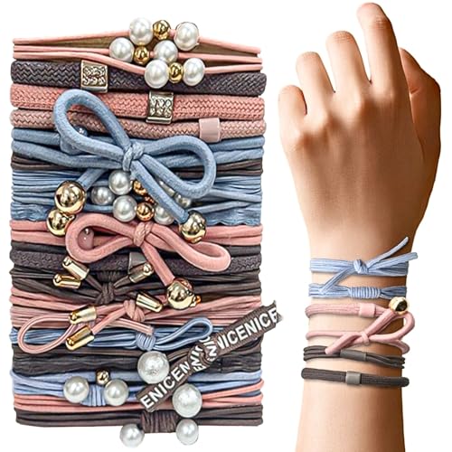 LUFFLOK 25 Stück Boho Haargummis Armband, Schadharmfreie Weiche Pferdeschwanzhalter mit Perlen, Haarschmuck für Damen und Mädchen, Scrunchies Haargummi mit Perlen, Mädchen Haarschmuck (25 Pcs) von LUFFLOK