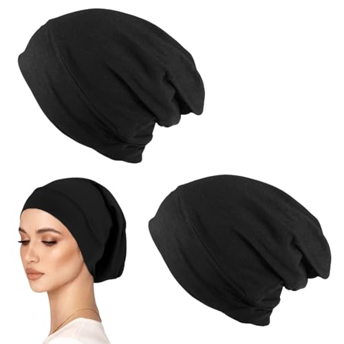 LUFFLOK 2er Pack Beanie Mütze Damen & Herren, Schwarze Dünne Mütze aus Baumwolle, Leichte Slouch Turban und Schlafmütze, Haarverlust-Chemo Mütze, Unisex mit Elastischem Rand von LUFFLOK