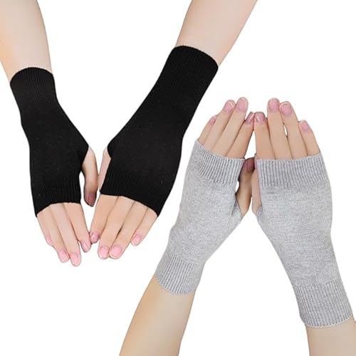 LUFFLOK 2er-Pack Fingerlose Wollhandschuhe für Damen und Herren, Winterwarme Touchscreen Handschuhe ohne Fingerkuppen,Stulpen Damen Hände für Arbeit und Outdoor-Aktivitäten (Schwarz+Grau) von LUFFLOK