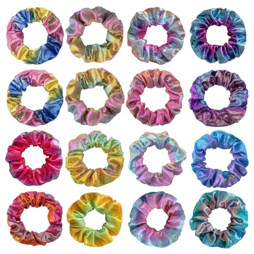 LUFFLOK Glänzende Metallicfarbene Haargummis Scrunchies, 16 Stück Colorfull Haargummis Scrunchies für Damen und Mädchen, Weiche Seile Pferdeschwanzhalter Frauen Haarschmuck (16 Stück) von LUFFLOK