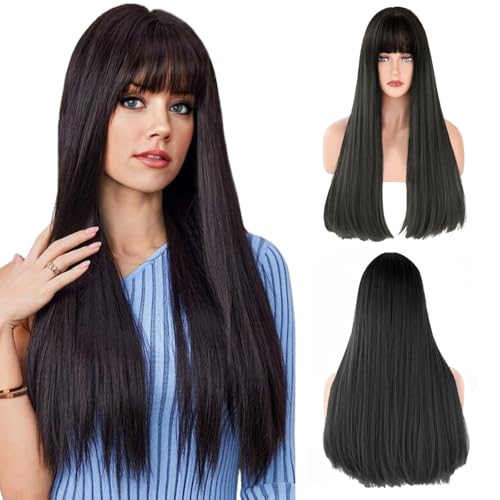 LUFFLOK Lange Gerade Schwarze Perücken für Frauen Synthetisches Haar Hitzebeständig Perücke Natuaral Gerade Brünette Perücke mit Pony Geschichtetes Haar für Tägliche Party Cosplay 70cm (black) von LUFFLOK
