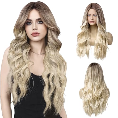 LUFFLOK Lange Lockige Ombre Braun zu Blond Perücken für Frauen 68cm Lange Perücken Damen Lockige Gewellte Perücken Hitzebeständig Volle Haar Ombre Perücke für Tägliche Karneval Party Cosplay (Blond) von LUFFLOK