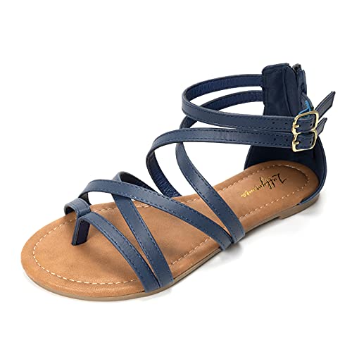 LUFFYMOMO Damen Gladiator Riemchensandalen Flach Fisherman Thong Kreuz Riemchensandalen, Blau (navy), 39 EU von LUFFYMOMO