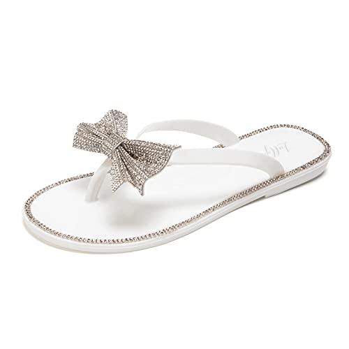 LUFFYMOMO Damen Strass Flip Flops Strand Flach Zehentrenner, (White-HD), 37 EU von LUFFYMOMO